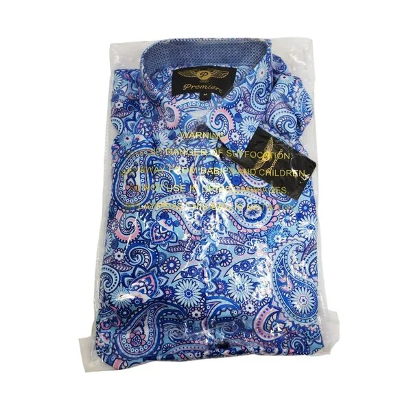 Mens Blue Paisley Short-Sleeve Button-Up Dress Shirt By Premiere Size M - Picture 8 of 8
